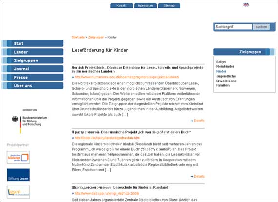 Screenshot lesen-weltwei, Datenbank für Lese-, Schreib- und Sprachprojekte