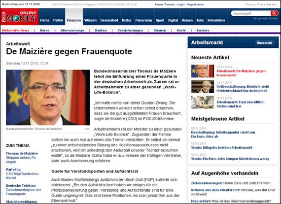 Screenshot focus.de, De Maizière gegen Frauenquote