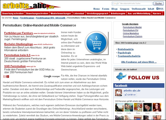 Screenshoot arbeits-abc, Online-Handel und Mobile Commerce