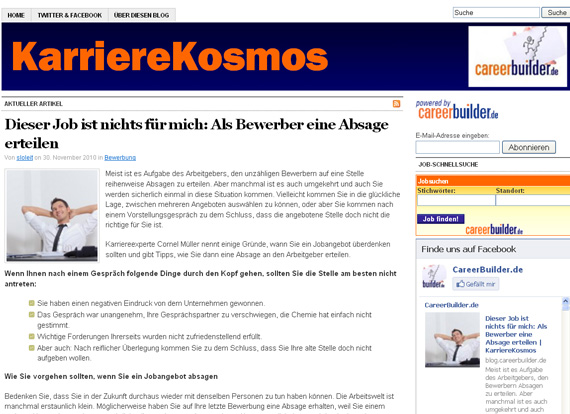 Screenshot KarriereKosmos Absage