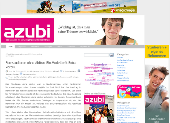 Screenshot azubi, Fernstudieren ohne Abitur: Ein Modell mit Extra-Vorteil