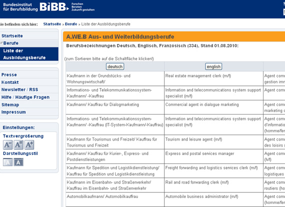 Screenshot bibb Berufsausbildungen