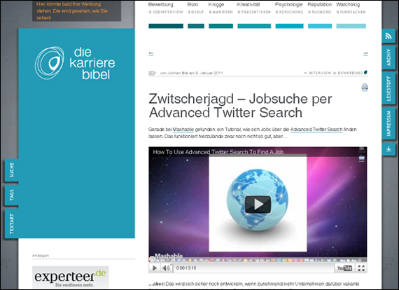 Screenshot karrierebibel, Jobsuche per Advanced Twitter Search