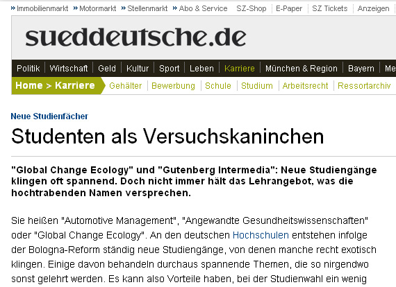Screenshot Süddeutsche neue Studiengänge